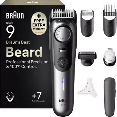 Tondeuse barbe BRAUN BT9520, molette réglable, 50 hauteurs de coupe, précision 0,25 mm, autonomie 180 mn