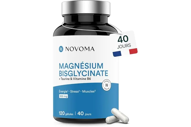 NOVOMA Magnesium Bisglycinate 300 mg + Vitamine B6, 120 gélules | Pour 40 jours - Avec Taurine - Magnésium Chélaté à la Glycine - Fabriqué en France