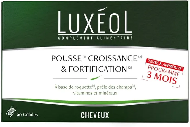 LUXÉOL - Pousse Croissance & Fortification - Complément Alimentaire Cheveux | Roquette, Prêle Des Champs, Zinc, Cuivre, Sélénium, Vitamine B8 & B6 - Fabriqué En France - Programme 3 Mois - 90 Gélules