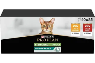 Purina Pro Plan - Sterilised Maintenance Chat au Bœuf et Poulet - 40 x 85 g | Nourriture Chat Stérilisé Sauce au Poulet, Bœuf - Aide au maintien de la bonne fonction urinaire - Repas Chat équilibré