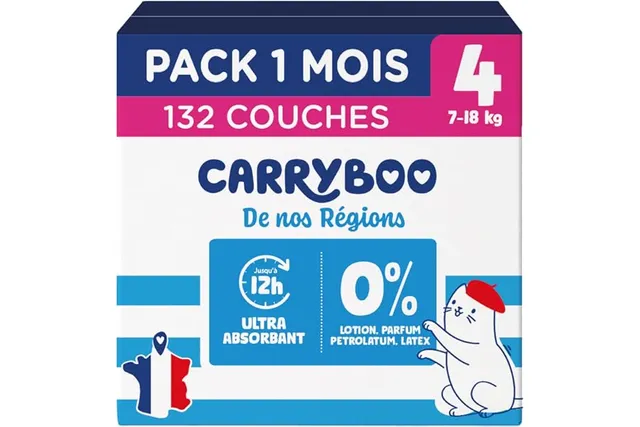 CARRYBOO - 132 Couches Saines et Ultra Absorbantes - Taille 4 (7-18kg) | 12h Anti Fuites - Sans substances indésirables - Prix Accessible - Origine France Garantie - Pack 1 Mois