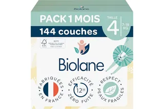 BIOLANE - Couches Bébé Taille 4 (7-18 kg) - Pack 1 Mois - 144 Couches | Peaux Sensibles, Ultra-Absorbant, Jusqu'à 12h au Sec, Pas de Fuite, Fabriquées en France