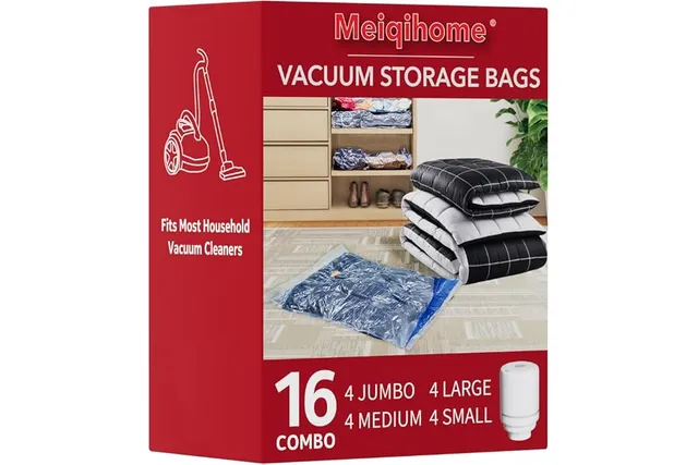 MEIQIHOME Lot de 16 Sacs Sous Vide avec Pompe Électrique – 4J/4L/4M/4S – Sacs de Compression pour Vêtements, Idéal pour Déménagement et Voyage