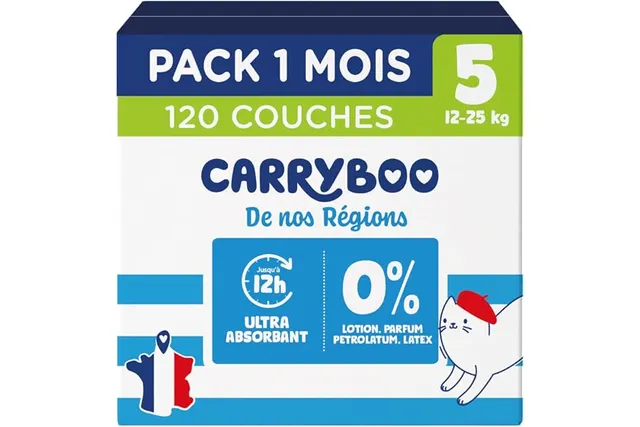 CARRYBOO - 120 Couches Saines & Ultra Absorbantes - Taille 5 (12-25kg) | 12h Anti Fuites - Sans substances indésirables - Prix Accessible - Origine France Garantie - Pack 1 Mois