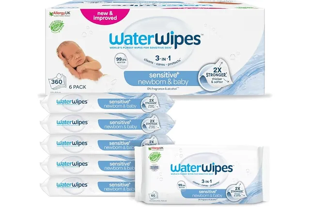 WaterWipes Peau Sensible+ Lingettes Nouveau-Né et Bébé, 6 Paquets | 360 lingettes 3-en-1 qui nettoient, protègent et prennent soin de la peau sensible ; 99.9 % d'eau, sans parfum ni alcool.