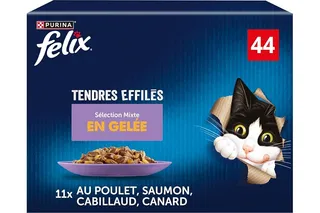 FELIX Tendres Effilés - pâtée pour chat Adulte - Multipack 44 x 85g | Saveur Saumon, Poulet, Canard et Cabillaud - Pour un Pelage Brillant - Riche en Vitamines et Oméga-6 - Nourriture Chat