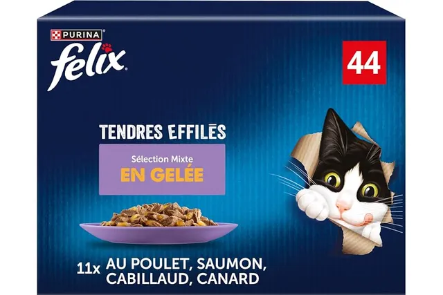 FELIX Tendres Effilés - pâtée pour chat Adulte - Multipack 44 x 85g | Saveur Saumon, Poulet, Canard et Cabillaud - Pour un Pelage Brillant - Riche en Vitamines et Oméga-6 - Nourriture Chat