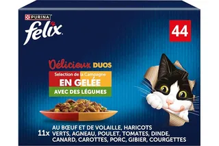 FELIX Délicieux Duos - pâtée Chat Sélection Campagne Légumes - 44 x 85 g | Nourriture Chat Sélection Campagne aux Légumes - Repas complet en gelée, vitamines pour pelage brillant - Santé du Chat