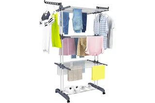 Etendoir Linge Interieur Exterieur, 4 Niveaux Pliable Sechoir a Linge, Gris | Acier Inoxydable Grande Seche Linge Etendoir avec Roues
