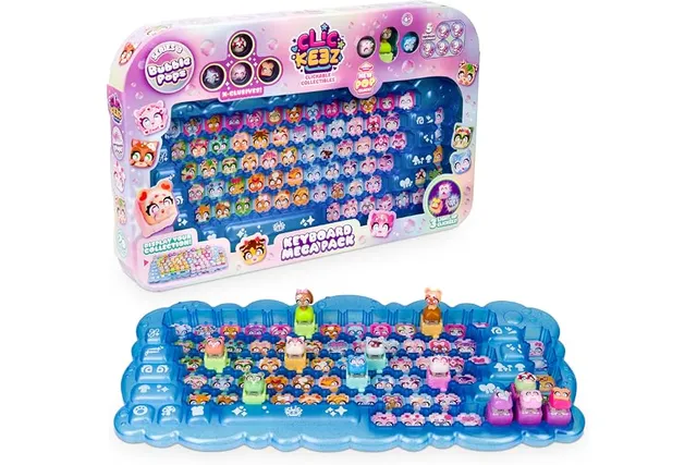 Goliath - CLICKEEZ - Keyboard Mega Pack Série 3 Bubble Pops - Fidget Toy 6+ | Clavier Boîte Collector Rangement –12 Keycaps Touches Clavier à Cliquer ASMR (4 Exclus)+ 3 Bases Light-Up+ Porte-Clés