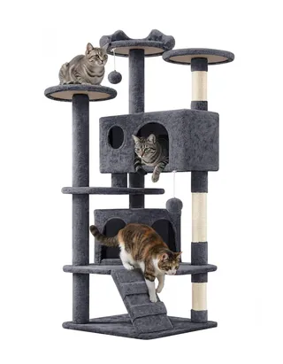 Yaheetech Arbre à Chat 139 cm, Arbre à Grimper avec 2 Niches 3 Plateformes 2 Boules en Sisal Multi-Niveaux Idéal pour 3-4 Chats, Gris Foncé