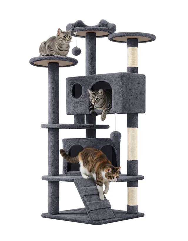 Yaheetech Arbre à Chat 139 cm, Arbre à Grimper avec 2 Niches 3 Plateformes 2 Boules en Sisal Multi-Niveaux Idéal pour 3-4 Chats, Gris Foncé