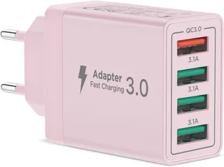 Chargeur USB Multiple, 4-Port Prise USB 40W QC 3.0 Bloc Chargeur Rapide pour iPhone Series, Samsung, Huawei, Xiaomi, Google, Telephone, Multiprise USBA Embout Adaptateur Multi SecteurUSB Murale Rose