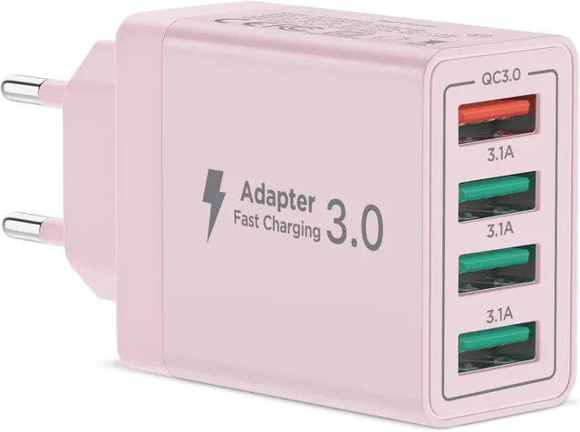 Chargeur USB Multiple, 4-Port Prise USB 40W QC 3.0 Bloc Chargeur Rapide pour iPhone Series, Samsung, Huawei, Xiaomi, Google, Telephone, Multiprise USBA Embout Adaptateur Multi SecteurUSB Murale Rose