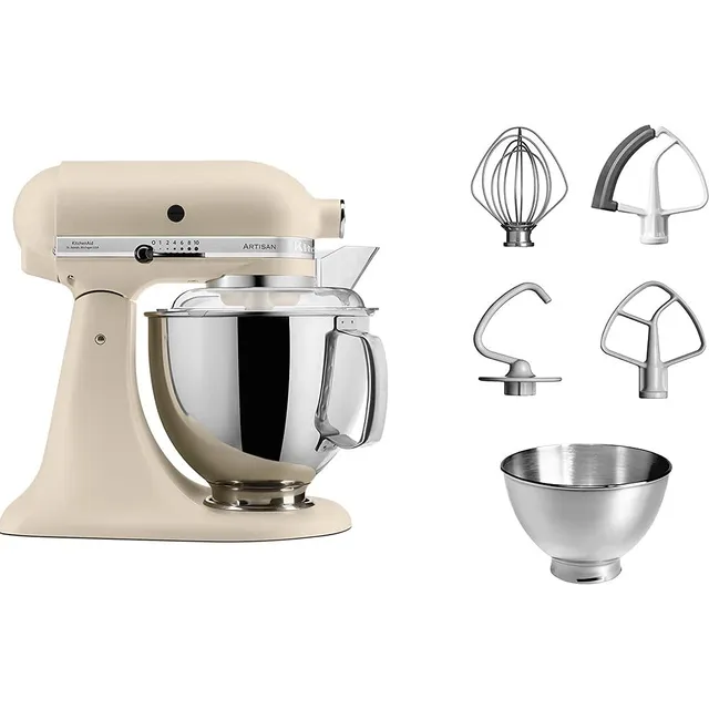 KitchenAid Robot Pâtissier - Artisan - Robot cuisine multifonctions à tête inclinable - Batteur avec 5 accessoires et 2 bols inox de 4,8 et 3 L - Fresh linen
