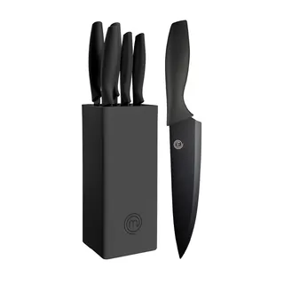 MasterChef Couteaux de Cuisine avec Bloc, Contient : Couteau d'Office Universel, Couteau à Viande et Pain, Couteau de Chef, Acier Inoxydable, Manche Ergonomique, Noir, Toucher Doux