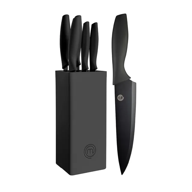 MasterChef Couteaux de Cuisine avec Bloc, Contient : Couteau d'Office Universel, Couteau à Viande et Pain, Couteau de Chef, Acier Inoxydable, Manche Ergonomique, Noir, Toucher Doux