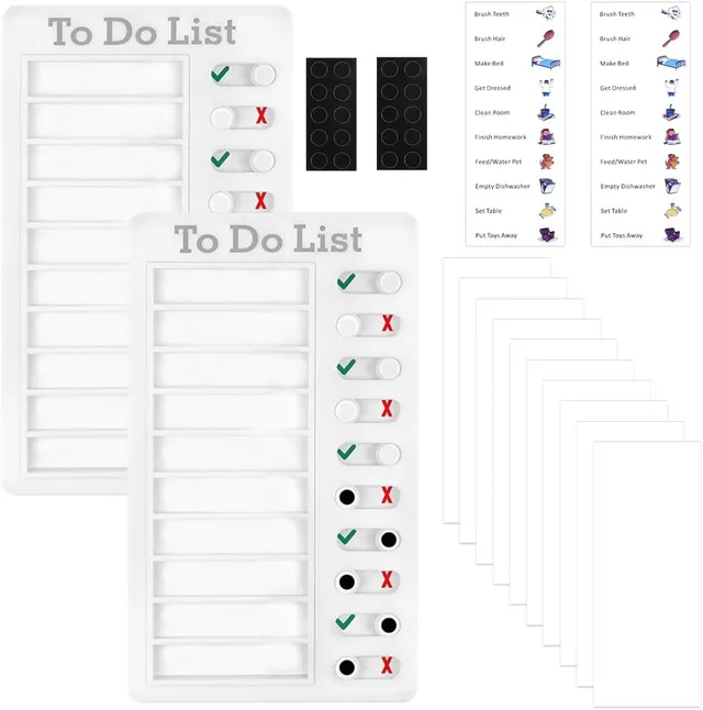 Tableau Memo Checklist, 2Pcs Tableau de Liste de Contrôle 20x12cm Tableaux de Tâches à Faire pour Enfants Liste de Choses Tableaux Routine Enfant To Do List avec 10 Fiches Réutilisable-Blanc