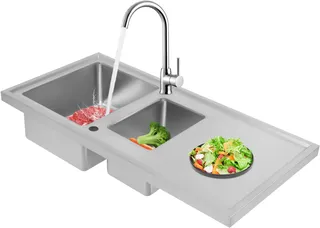 Évier de cuisine encastrable en acier inoxydable - 100 x 50 cm - Double bol - 1 bac - Avec tuyaux d'évacuation et paniers à tamis - Argenté - Rectangulaire