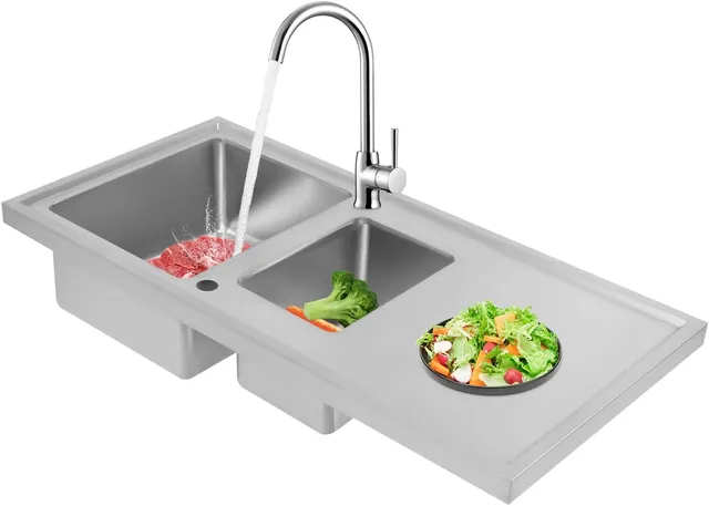 Évier de cuisine encastrable en acier inoxydable - 100 x 50 cm - Double bol - 1 bac - Avec tuyaux d'évacuation et paniers à tamis - Argenté - Rectangulaire