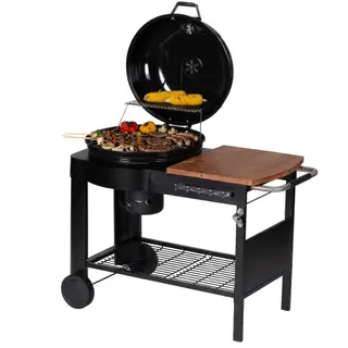 Tarrington House Barbecue au Charbon de Bois Calgary, Acier/Bois, Couvercle avec Thermomètre, Tablette latérale, Étagère Inférieure, 2 Roues, Noir