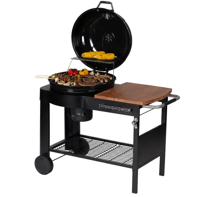 Tarrington House Barbecue au Charbon de Bois Calgary, Acier/Bois, Couvercle avec Thermomètre, Tablette latérale, Étagère Inférieure, 2 Roues, Noir