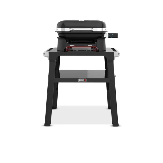 Weber Lumin Compact Barbecue électrique Compact avec Pied/Jusqu’à 315 °C, avec thermomètre intégré au Couvercle, grilles en Fonte émaillée, Surface de Cuisson 43 × 32 cm, Noir (1501653)