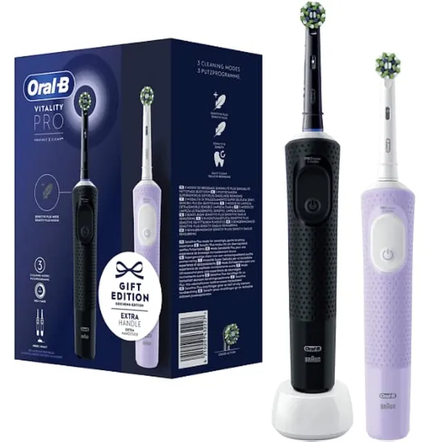 Oral-B Vitality Pro Lot de 2 brosses à dents électriques avec 2 brosses de rechange, 3 modes de nettoyage pour soins dentaires, cadeau pour homme/femme, conçu par Braun, noir/violet