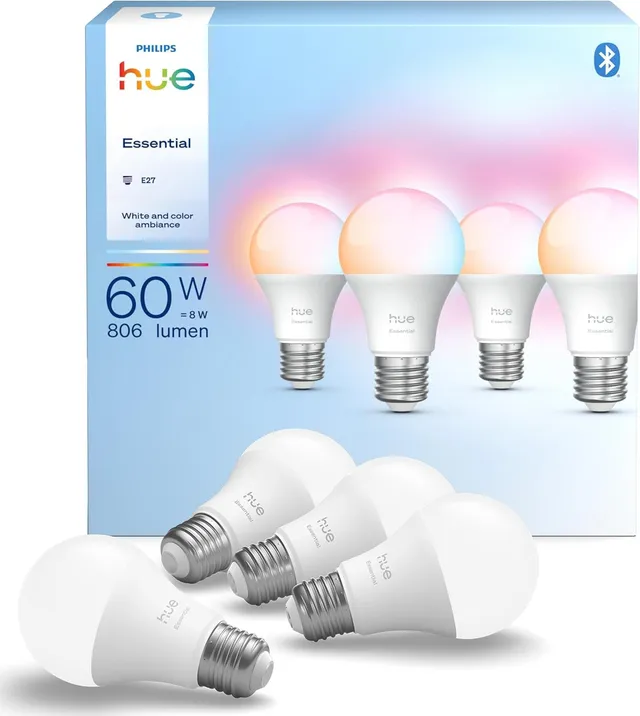 Philips Hue Essential, Ampoule LED A60, 806lm, Pack de 4, Multicolore