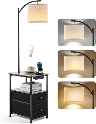 Wio-Mio Lampadaire avec Table et 2 tiroirs, Lampe de Chevet avec Station de Charge USB et Type C, lampadaire à 3 températures de Couleur avec Abat-Jour réglable, Lampe LED pour Salon et Chambre