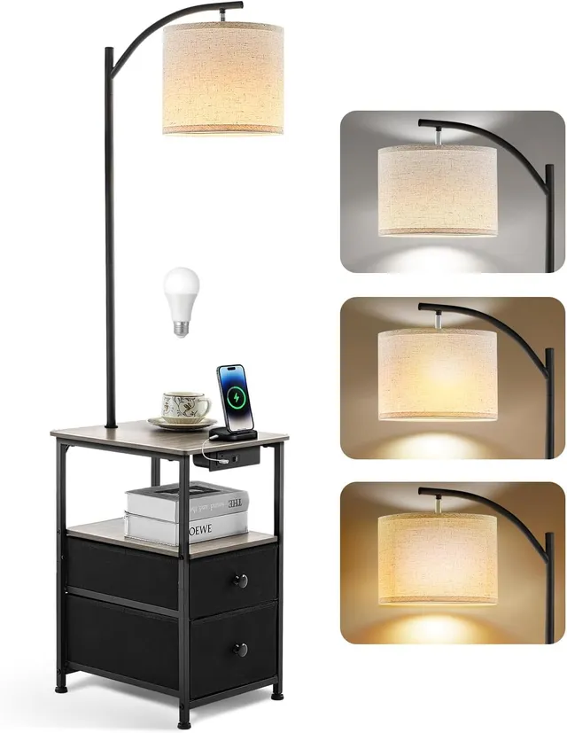 Wio-Mio Lampadaire avec Table et 2 tiroirs, Lampe de Chevet avec Station de Charge USB et Type C, lampadaire à 3 températures de Couleur avec Abat-Jour réglable, Lampe LED pour Salon et Chambre
