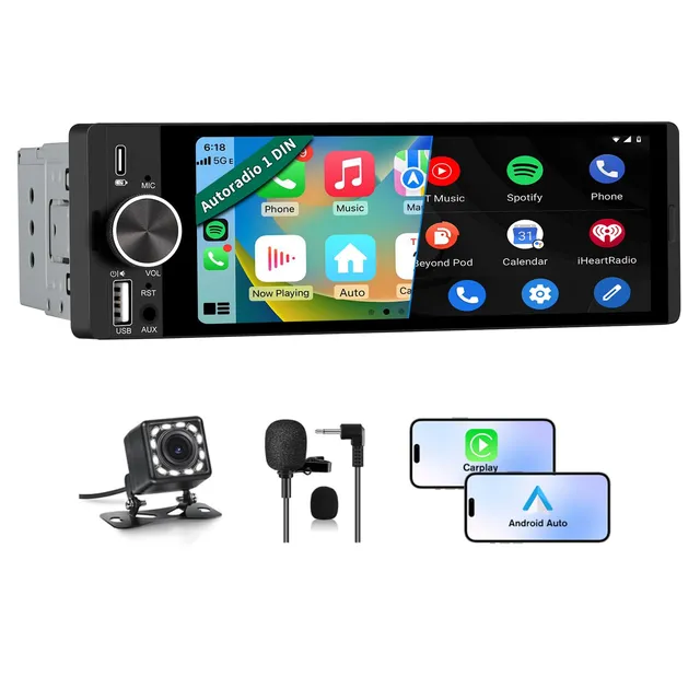 AWESAFE Autoradio Carplay 1 DIN avec Écran Tactile HD 6,36" | CarPlay & Android Auto sans Fil | Bluetooth 5.0 | FM | USB Type-C | Commande Vocale | avec Caméra de Recul