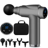 BUOAZR Pistolet de Massage Musculaire, Mini Massage Gun avec 32 Niveaux Réglables 3500RPM et 6 Têtes et l'Écran LCD, Léger et Portable, pour Soulager Douleurs et Raideurs Musculaires (Gris)