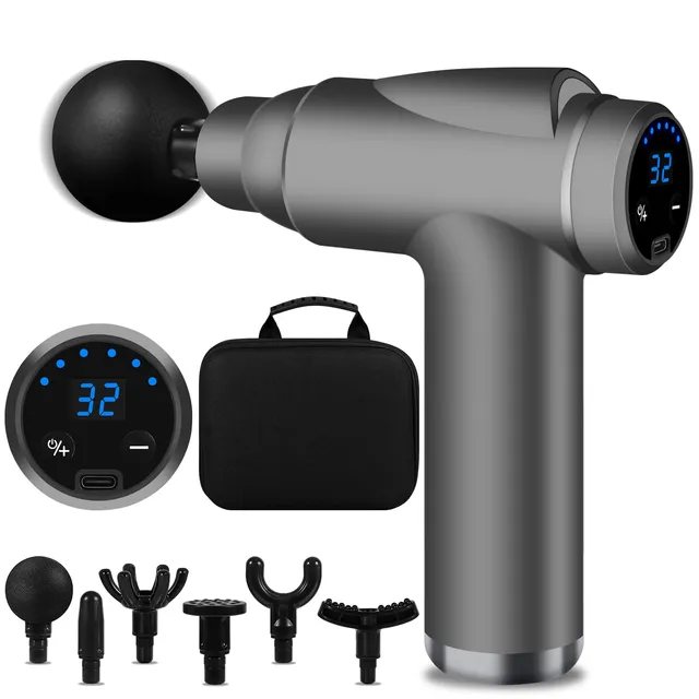 BUOAZR Pistolet de Massage Musculaire, Mini Massage Gun avec 32 Niveaux Réglables 3500RPM et 6 Têtes et l'Écran LCD, Léger et Portable, pour Soulager Douleurs et Raideurs Musculaires (Gris)