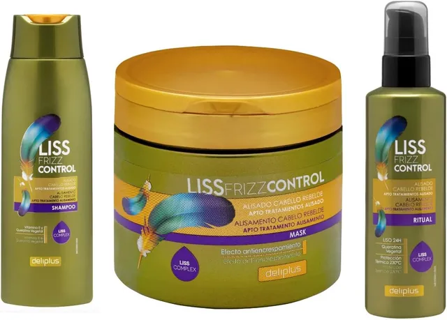 Pack 3 Shampooing 400 ml + Masque 400 ml + Hydrocrème 200 ml Liss Frizz Control Cheveux rebelles avec vitamine E et kératine Deliplus - Pack 3