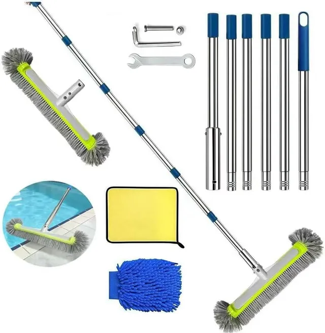 Brosse de Piscine avec Tige Télescopique de 230 cm de Long, Brosse de Nettoyage pour Piscine de 45 cm, Balai de Piscine Extrémités Rondes avec Tige en Acier Inoxydable Réglable en Longueur