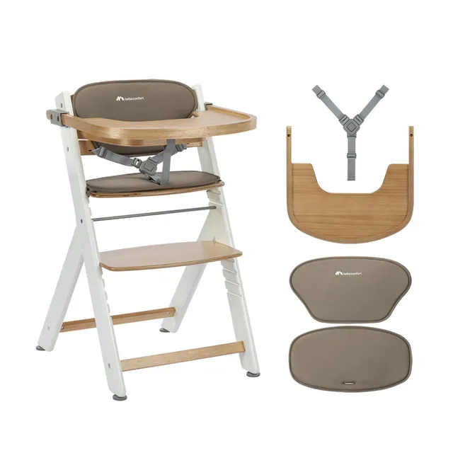 Bebeconfort Timba 2 avec Coussin, Chaise Haute Bébé Évolutive Bois, 6+ Mois, Jusqu'à 110 kg, Chaise Haute Enfant Ergonomique, S'adapte À La Plupart Des Tables, Plateau Amovible, Natural Wood + Beige