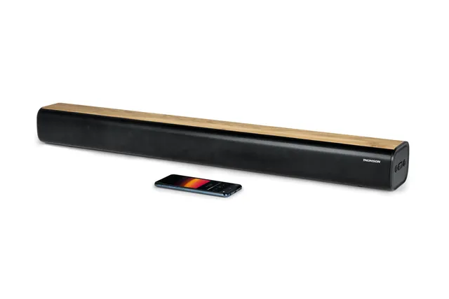 THOMSON Barre de Son Bluetooth 5.0 200W – Sans fil- Design Noir & Bois – USB, Optique, AUX, Fixation Murale – 86 cm- télécommande- SB402BT