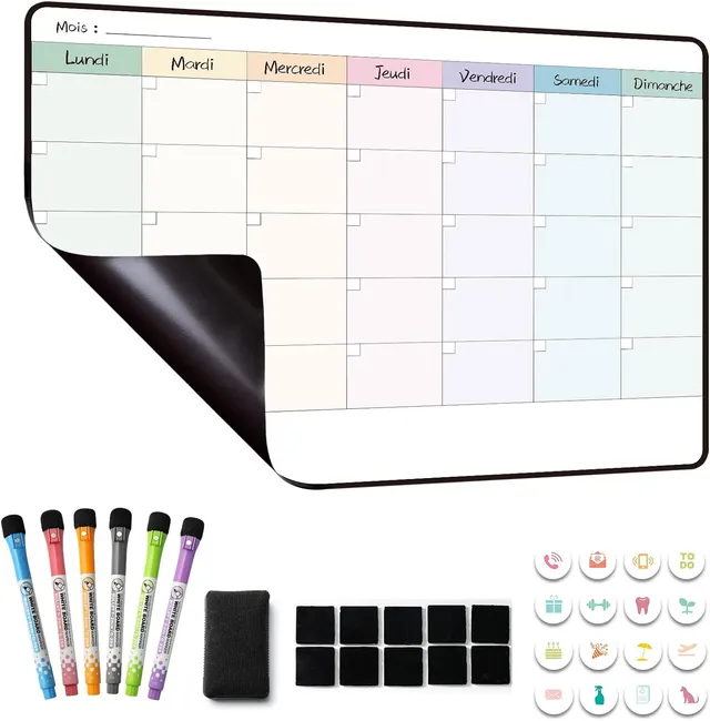 MCCORL Calendrier Tableau Organisateur Magnetique Frigo, Planning Semaine/Mensuel Frigo Magnétique,Planificateur Hebdomadaire, 42×28cm effacable en Français
