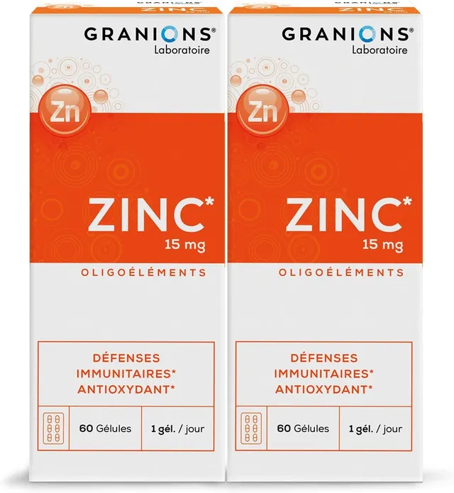 GRANIONS| Zinc | Défenses immunitaires & Antioxydant, beauté peau et cheveux | 15mg de Zinc | Marque Française | Programme de 4 Mois