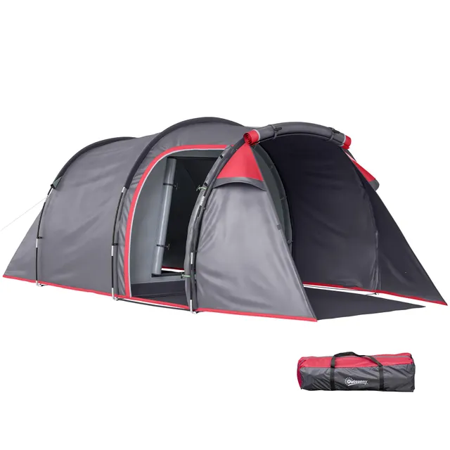 Outsunny Tente de Camping familiale 2-3 Personnes Tente Tunnel étanche légère ventilée Facile à Monter Chambre Salon 3 Portes fenêtres 4,26 x 2,06 x 1,54 m Fibre Verre Polyester PE girs foncé Rose