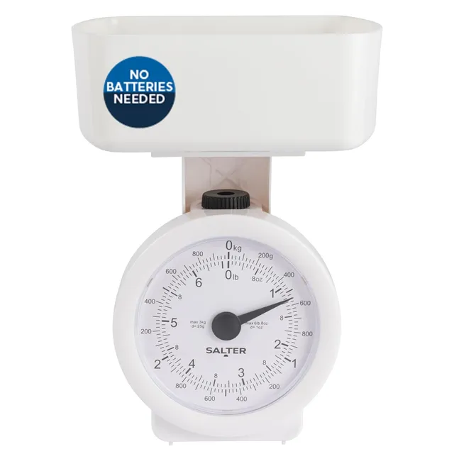 Salter Balance Analogique de Cuisine Mécanique avec Bol, Capacité 3KG, Mini Pèse Aliments avec Affichage Aiguille, Poids Précis au Gramme, Facile à Lire, Design Peu Encombrant, Sans Pile, Blanc