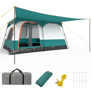 FANTASK Grande Tente avec auvent et Sol, pour 4 à 6 Personnes, 2 pièces et 2 entrées, Tente Tunnel avec Toit Amovible et Sac de Transport, Vert
