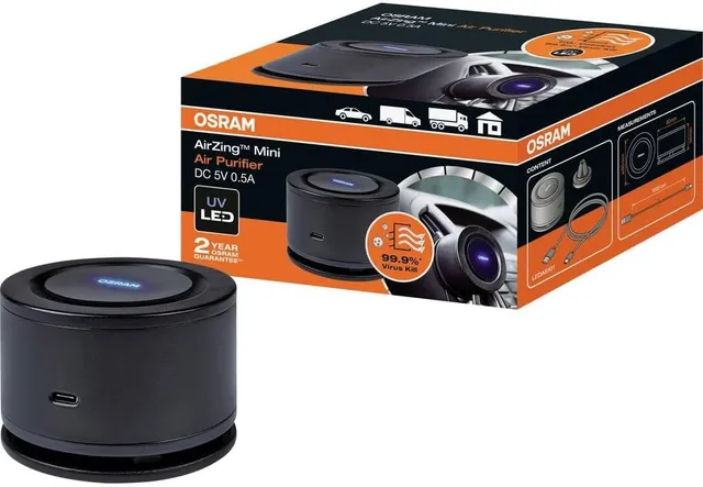 OSRAM AirZing Mini; purificateur d'air de voiture avec prise USB, ioniseur, détruit les virus et les bactéries dans le véhicule jusqu'à 99%, filtre TiO2 de haute technologie + lumière LED UVA LEDAS101