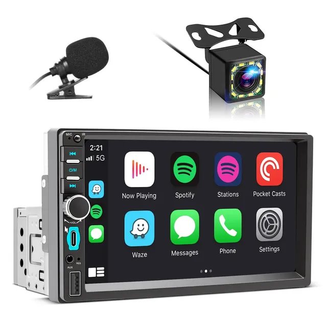 Autoradio 1 DIN Bluetooth Autoradio Car Play Voiture avec sans Fil Carplay & Android Auto, 7 Pouces HD Écran Tactile, FM, MIC, USB, AUX, Type C, Commande Vocale, Mirror Link, Caméra de recul, AirPlay