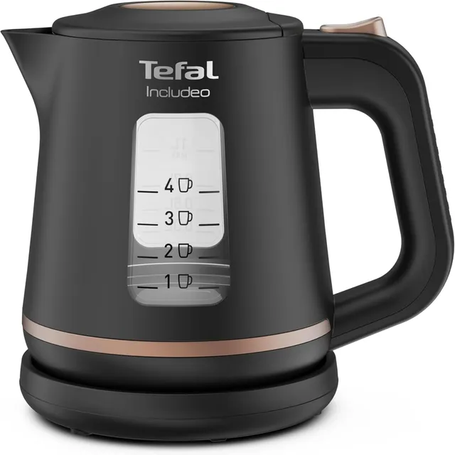 Tefal Bouilloire électrique 1 L, Ébullition rapide, Filtre anticalcaire amovible, Poignée ergonomique, 2 fenêtres niveau d’eau, Base à 360°, Includeo, Noire, KI533811