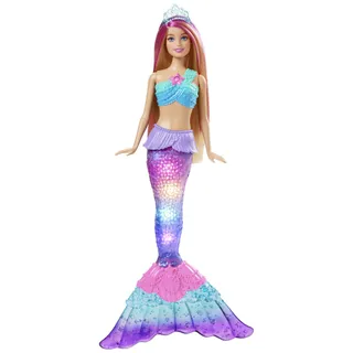 Barbie Poupée Sirène Dreamtopia Blonde Scintillante, 30 Cm, avec Fonction Lumineuse Au Contact De L’Eau Et Cheveux À Mèches Roses, Jouet pour Enfant de 3 Ans et Plus, HDJ36