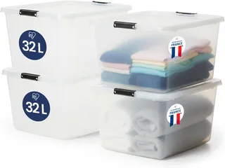 Iris Ohyama, Boite Rangement Plastique avec Couvercle, 32L, Lot de 4, Transparent, Clips de Fermeture, Poignée, Empilable, Organisation Solide & Durable, pour Chambre, Dressing, Bureau, FTB-32