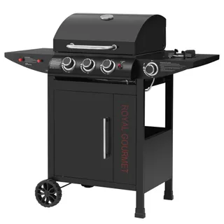 Royal Gourmet Barbecue Gaz à 3+1 Brûleurs en Acier Inoxydable, Gril à Gaz sur Chariot de Puissance 11,5 KW avec Tablette et Thermomètre, 2 Roues et 1 Porte, Adapté pour Jardin et Extérieure, Noir