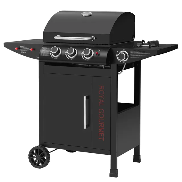 Royal Gourmet Barbecue Gaz à 3+1 Brûleurs en Acier Inoxydable, Gril à Gaz sur Chariot de Puissance 11,5 KW avec Tablette et Thermomètre, 2 Roues et 1 Porte, Adapté pour Jardin et Extérieure, Noir